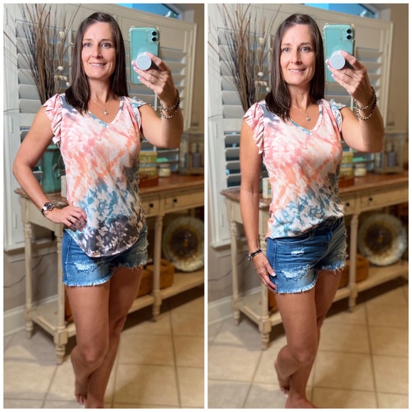 Tie Dye Flutter Ruffle Short Sleeve Coral 3220 - Picture 2 of 6